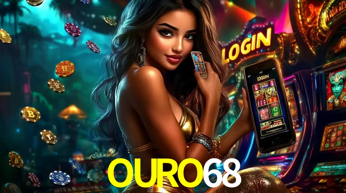 Mulher em um cenário de cassino temático de aventura, mostrando o app de caça-níqueis da OURO68 no celular. Fichas de apostas flutuam ao redor.