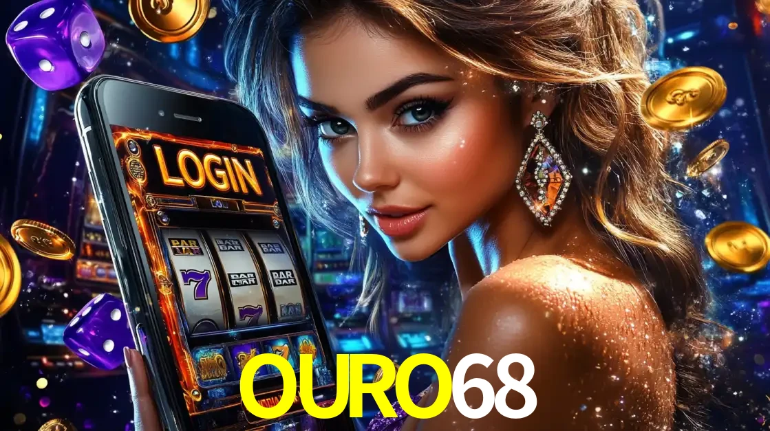 Mulher glamorosa segurando um smartphone com a tela de login para os jogos de caça-níqueis do cassino online OURO68, com moedas de ouro e dados ao redor.